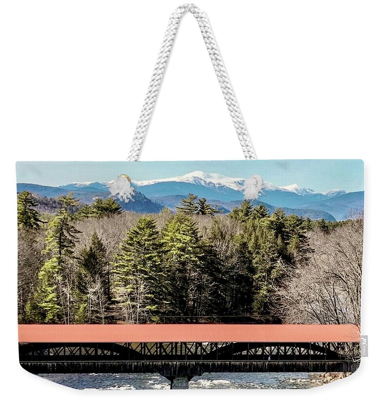  Weekender Tote Bag featuring the photograph Mt Washington over the Saco River Covered Bridge by John Gisis