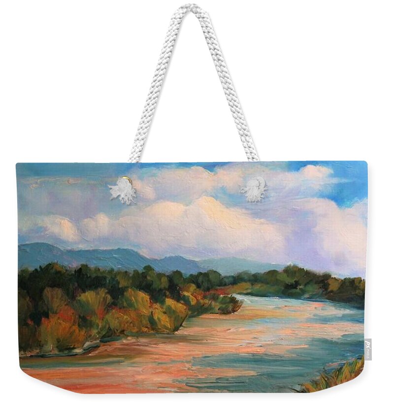 Plein Air Weekender Tote Bag featuring the painting Muddy River after the Rain by Marian Berg