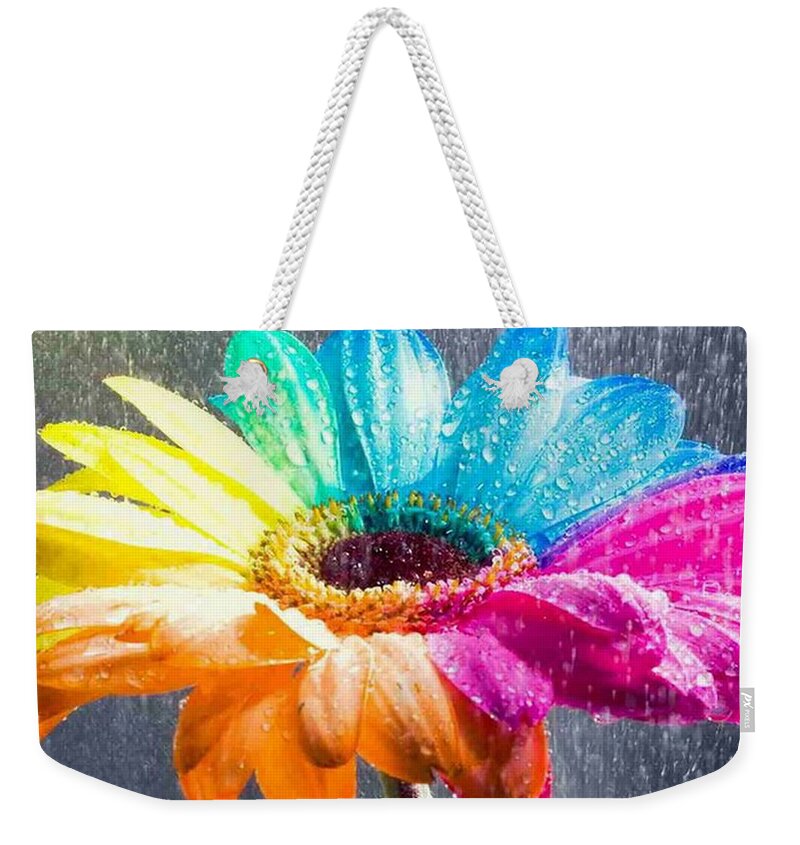 Daisy Weekender Tote Bag featuring the digital art Dew Kissed Multi-Color Daisy by Teresa Trotter