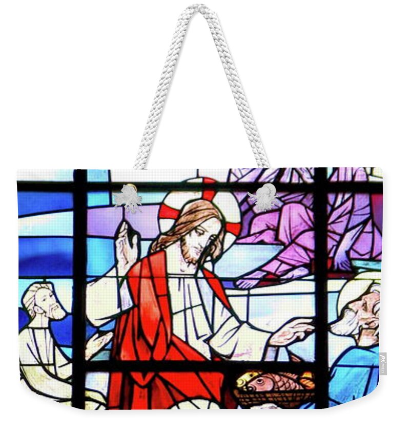 Multiplication Of Loaves And Fishes Stained Glass Windows Saint Michaels Church Buffalo Ny Weekender Tote Bag featuring the photograph Multiplication of Loaves And Fishes Stained Glass Windows Saint Michaels Church Buffalo NY by Rose Santuci-Sofranko