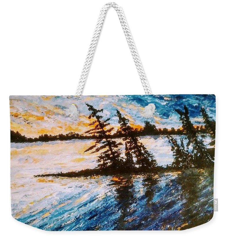 Muskoka Weekender Tote Bag featuring the painting Muskoka Sunrise by Lynne McQueen