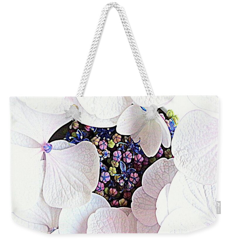 White Weekender Tote Bag featuring the photograph My Hydrangea-Her Secret Life  by VIVA Anderson