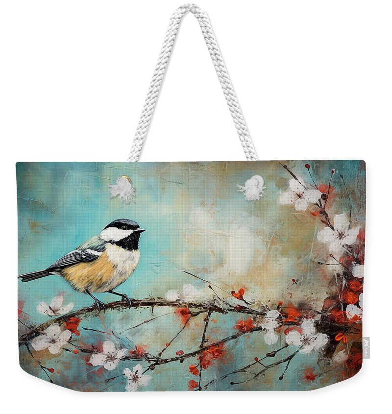 Chickadee Weekender Tote Bag featuring the digital art My Little Chickadee by Peggy Collins