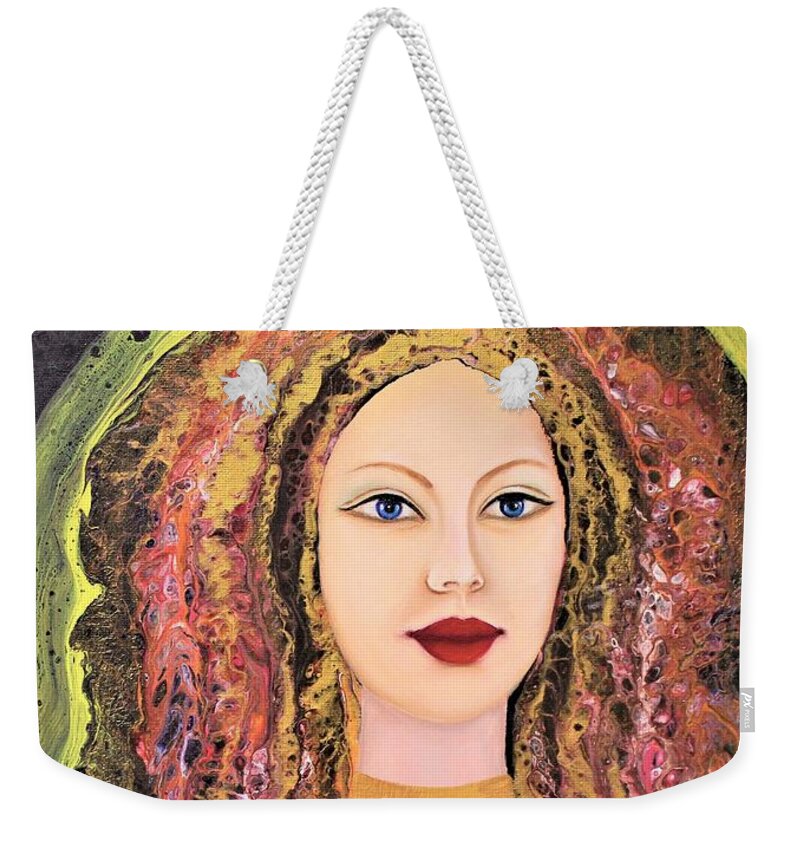 Wall Art Home Decor Queen My Queen Acrylic Painting Abstract Painting Pouring Art Portrait Woman Portrait Lady Woman Gift Idea Female Portrait Weekender Tote Bag featuring the painting My Queen by Tanya Harr