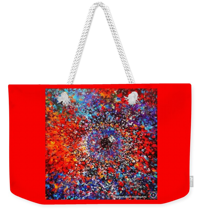 Contemporary Weekender Tote Bag featuring the painting My Universe. Third Eye. Series Healing Chakras by Helen Kagan