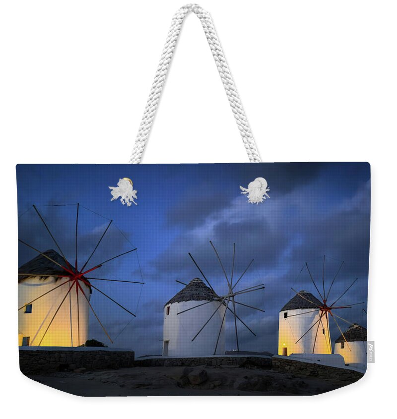 Mykonos Windmills Weekender Tote Bag featuring the photograph Mykonos Windmills by Rebecca Herranen