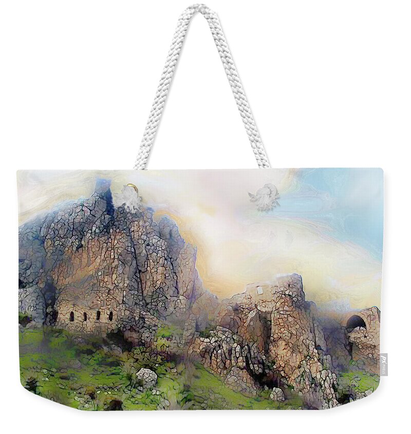 Ancient Lands Weekender Tote Bag featuring the painting Mystic ruins in the mist by Bonnie Marie