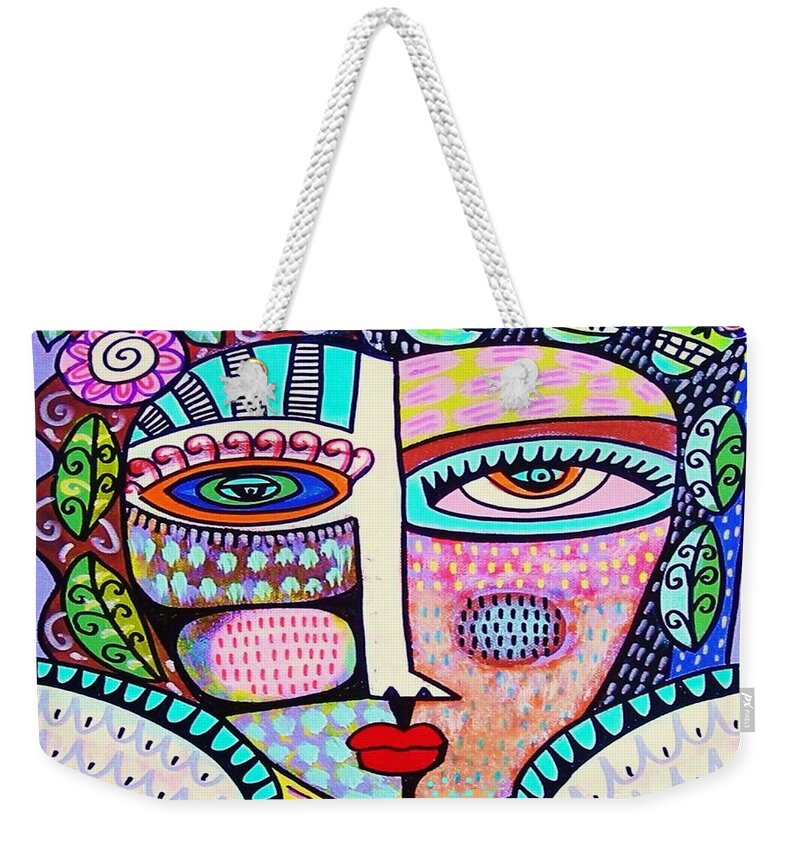 Mythological Weekender Tote Bag featuring the painting Mythological Lilac Sugar Skull Angel. The Generator of Whirlwinds. by Sandra Silberzweig