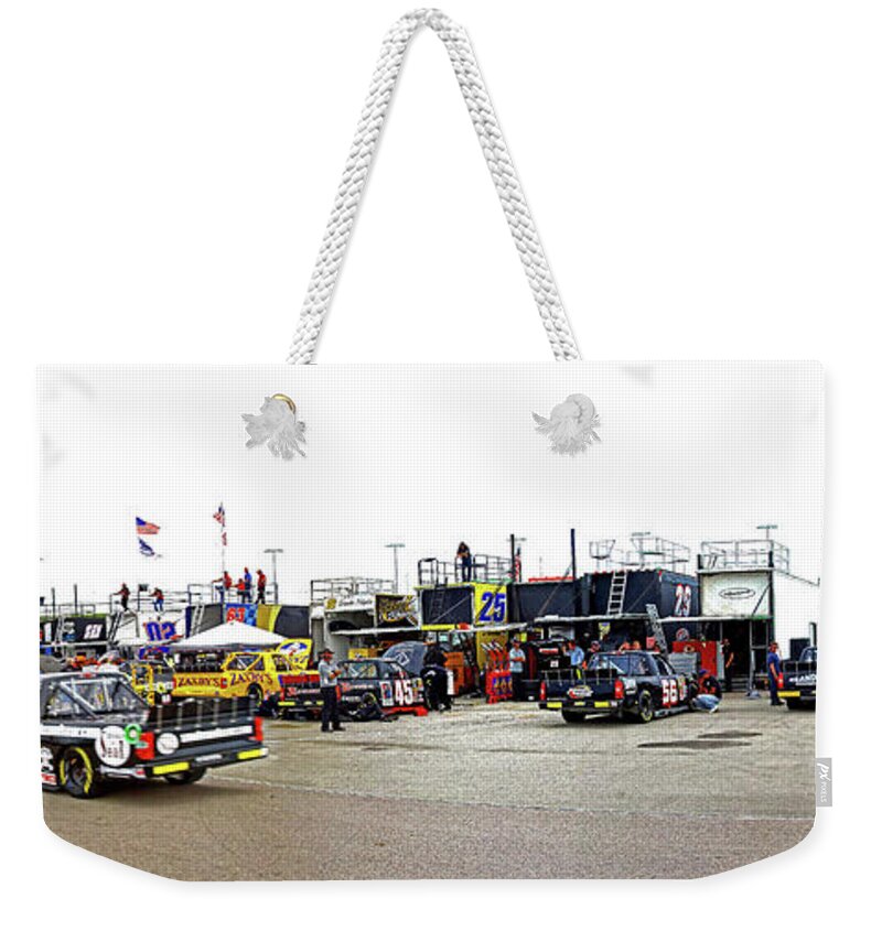 Nascar Weekender Tote Bag featuring the photograph NASCAR Camping World Truck Series panorama garage area by Pete Klinger