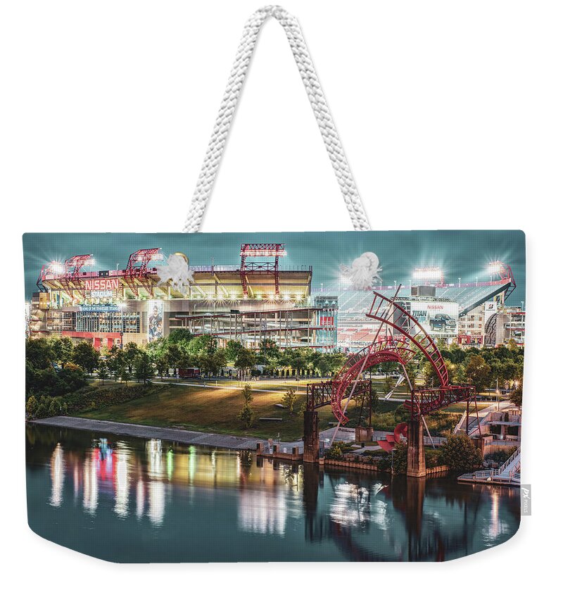 Nashville Sports Art Weekender Tote Bag featuring the photograph Nashville Tennessee Football Stadium on the Cumberland River by Gregory Ballos