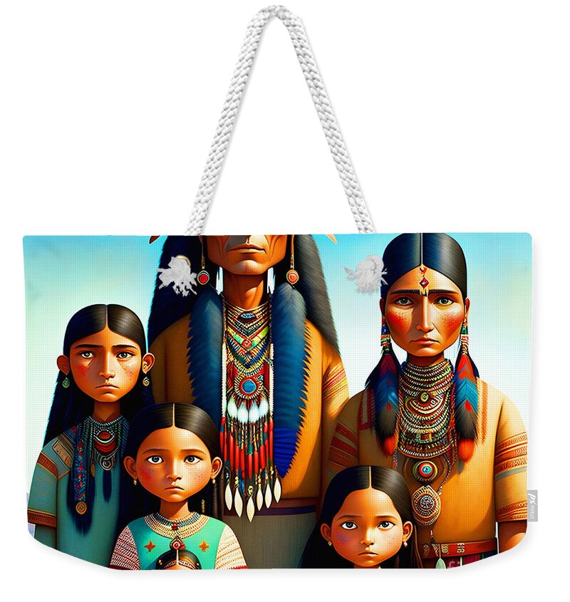 Wingsdomain Weekender Tote Bag featuring the mixed media Native American Family Portrait 20230313b by Wingsdomain Art and Photography