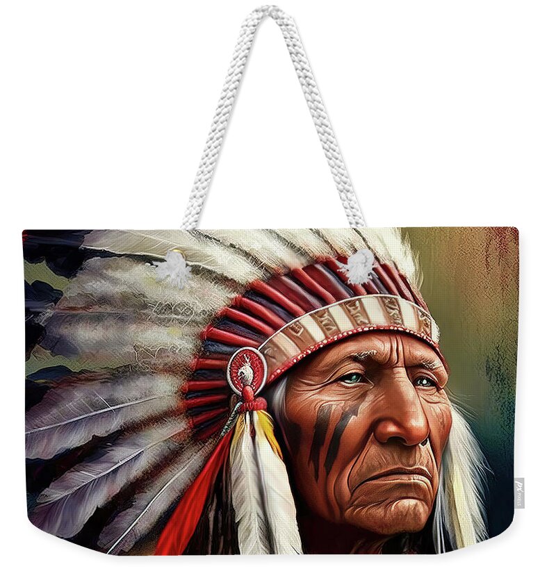 Native American Weekender Tote Bag featuring the digital art Native American Indian Chief Series 1106_a by Carlos Diaz