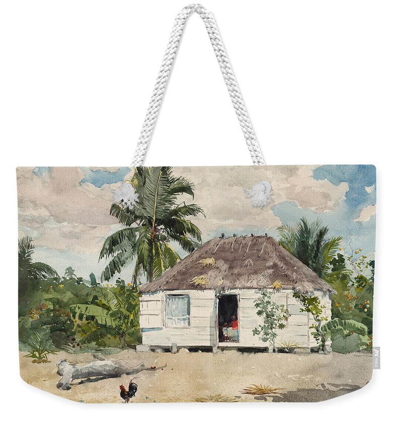 Winslow Homer Weekender Tote Bag featuring the drawing Native hut at Nassau by Winslow Homer