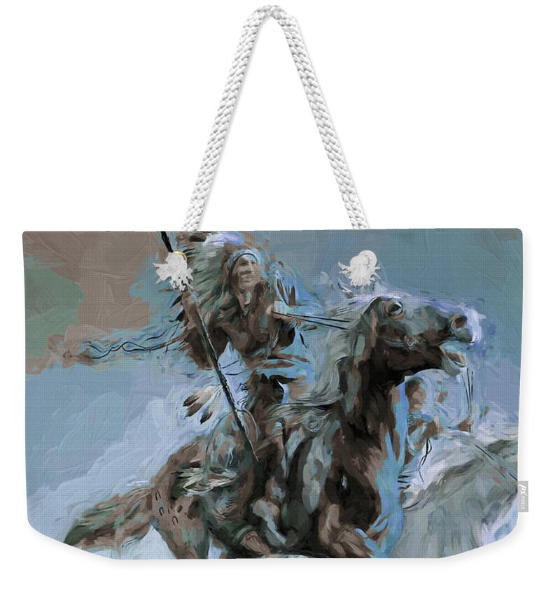 Westcoast Weekender Tote Bag featuring the painting Native on Horse fighting 01 by Gull G