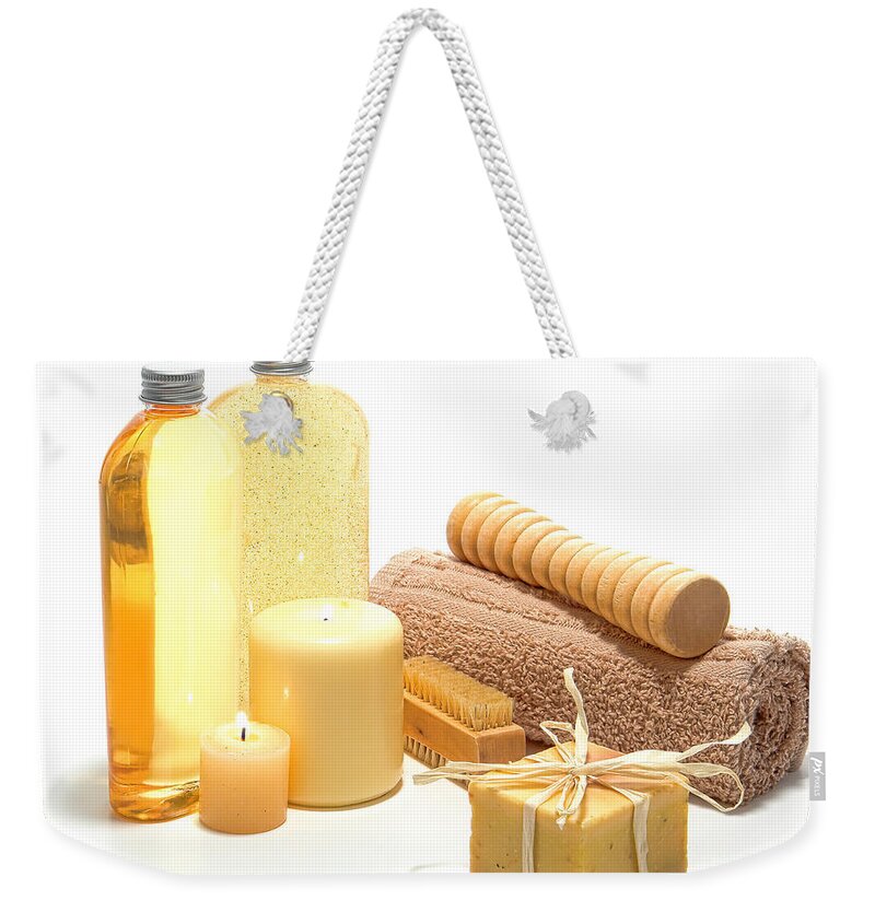 Accessories Weekender Tote Bag featuring the photograph Natural Aromatherapy Soap and Hygiene Accessories by Olivier Le Queinec