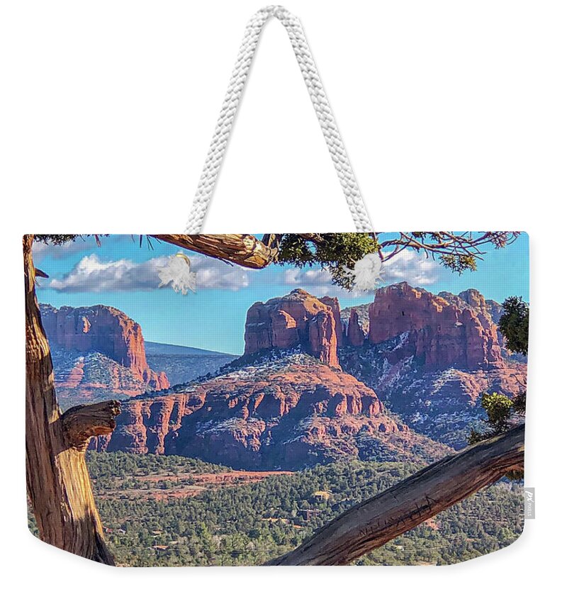 Arizona Weekender Tote Bag featuring the photograph Naturally Framed - Cathedral Rock Sedona, Arizona by Teresa Wilson
