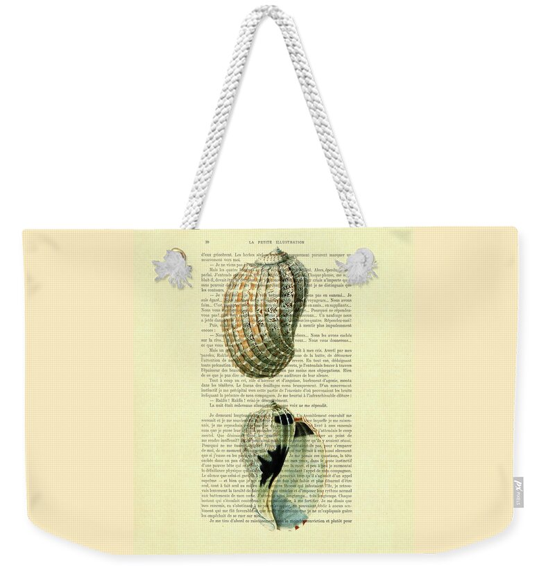 Sea Weekender Tote Bag featuring the digital art Nautical sea shells on antique French book page by Madame Memento