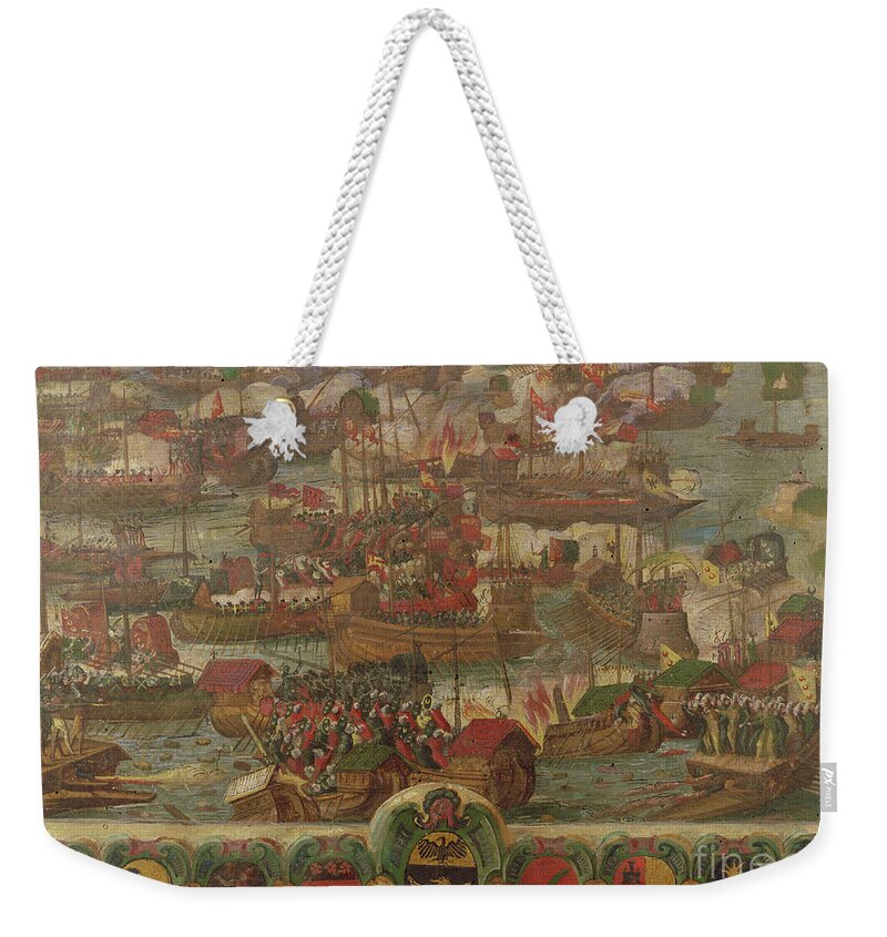 Boat Weekender Tote Bag featuring the painting Naval Battle Of Lepanto, 1571 by Italian School