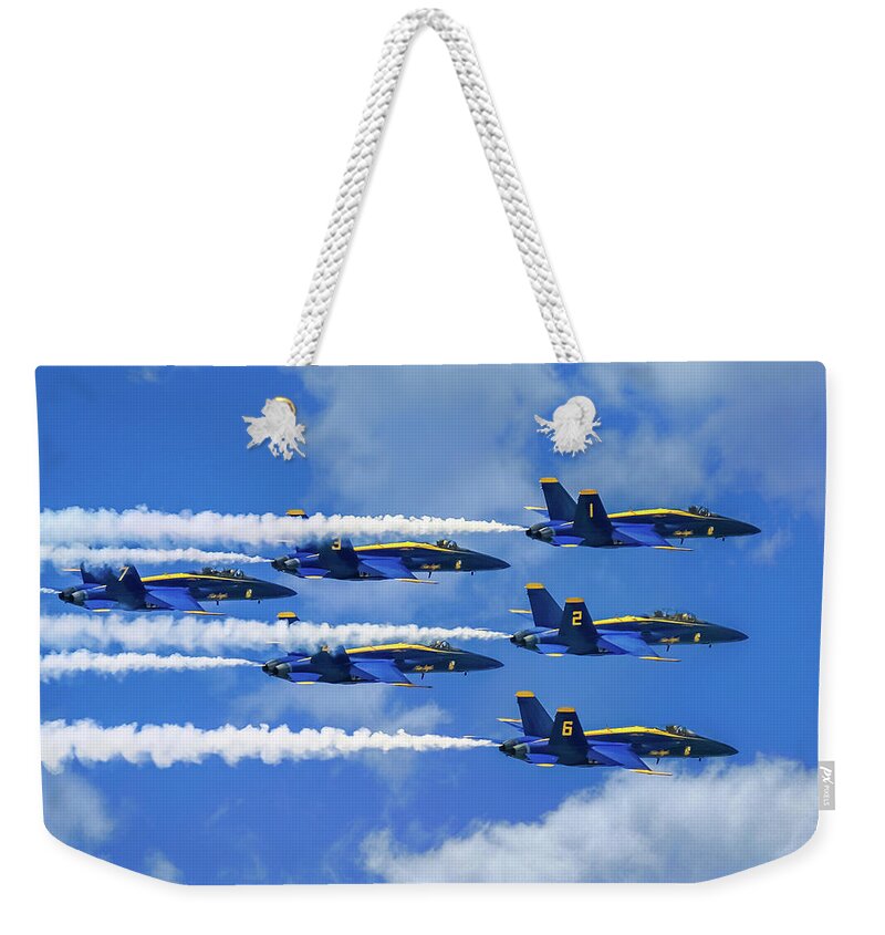 Blue Angels Show Weekender Tote Bag featuring the photograph Navy Blue Angels Airshow With Smoke Trails on Cloudy Day by Robert Bellomy