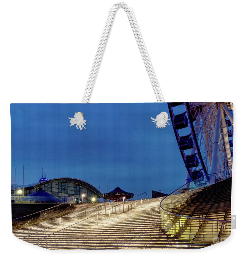 Chicago Weekender Tote Bag featuring the photograph Navy Pier Stairs At Night by Jennifer White