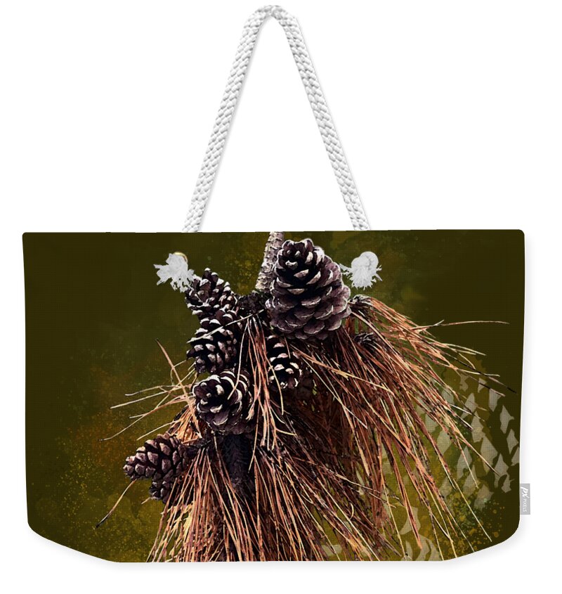 Autumn Weekender Tote Bag featuring the digital art Needles and Cones by Gina Harrison