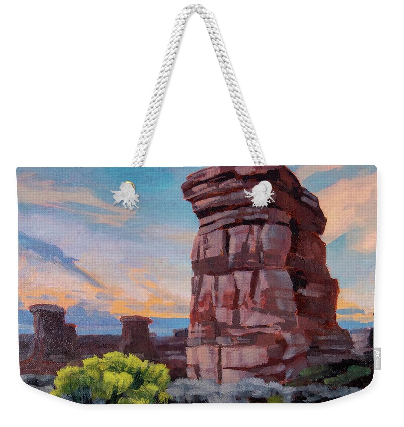 Canyonlands Weekender Tote Bag featuring the painting Needles Sunset study by Stephen Bartholomew