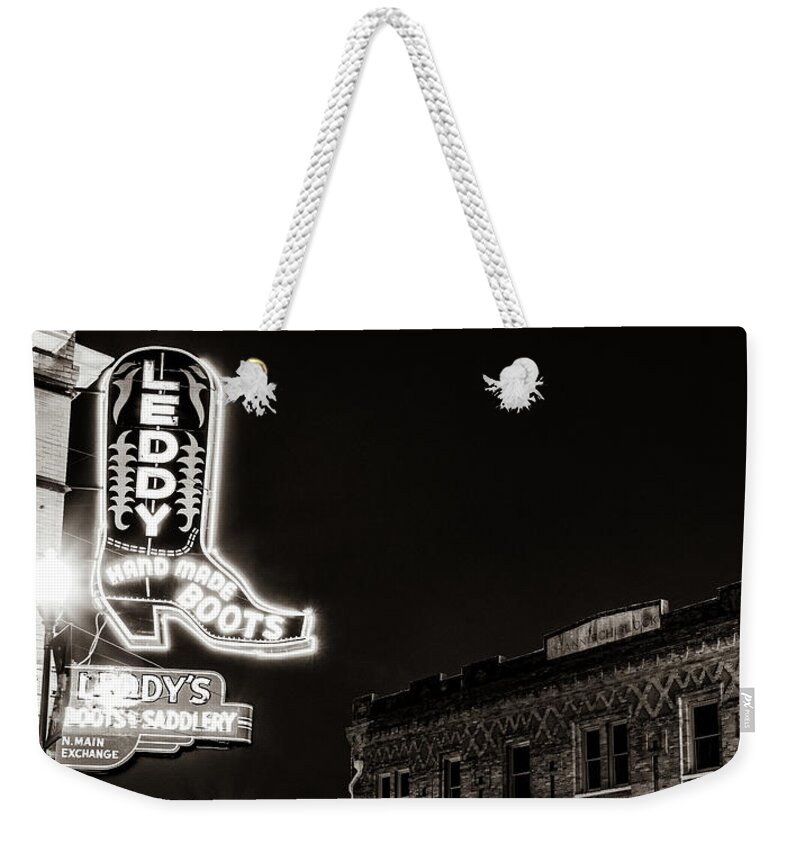 Panorama Weekender Tote Bag featuring the photograph Neon Stampede Sepia Panorama - Fort Worth's Soul Shines Brightest In The Stockyards by Gregory Ballos