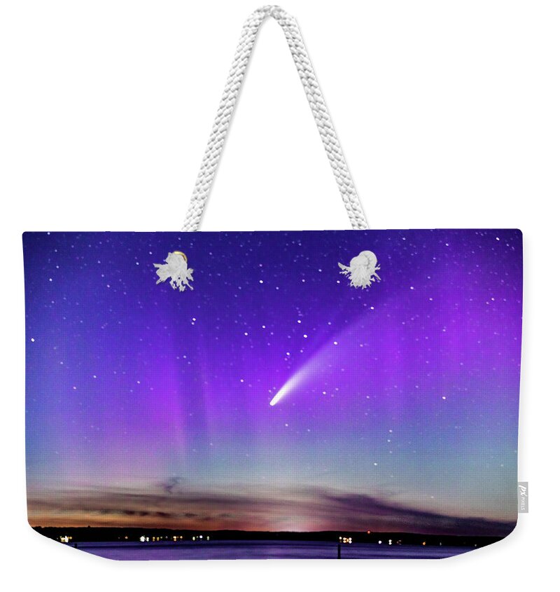 Neowise Comet Weekender Tote Bag featuring the photograph NEOWISE COMET with a splash of Northern Lights by Joe Holley