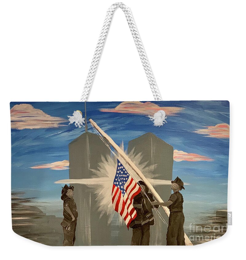 Twin Towers Weekender Tote Bag featuring the painting Never Forget 9/11 by Deena Withycombe