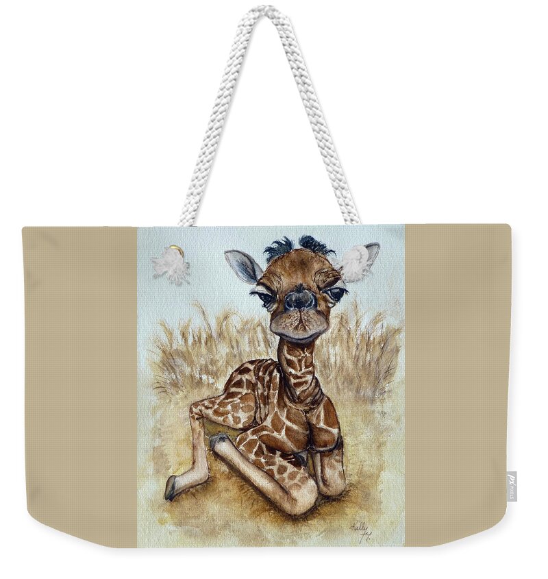 Baby Giraffe Weekender Tote Bag featuring the painting New Born Baby Giraffe by Kelly Mills