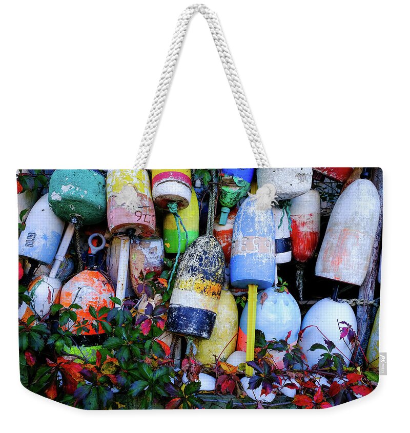 Lobster Buoys Weekender Tote Bag featuring the photograph New England Lobster Buoys by Robert Bellomy