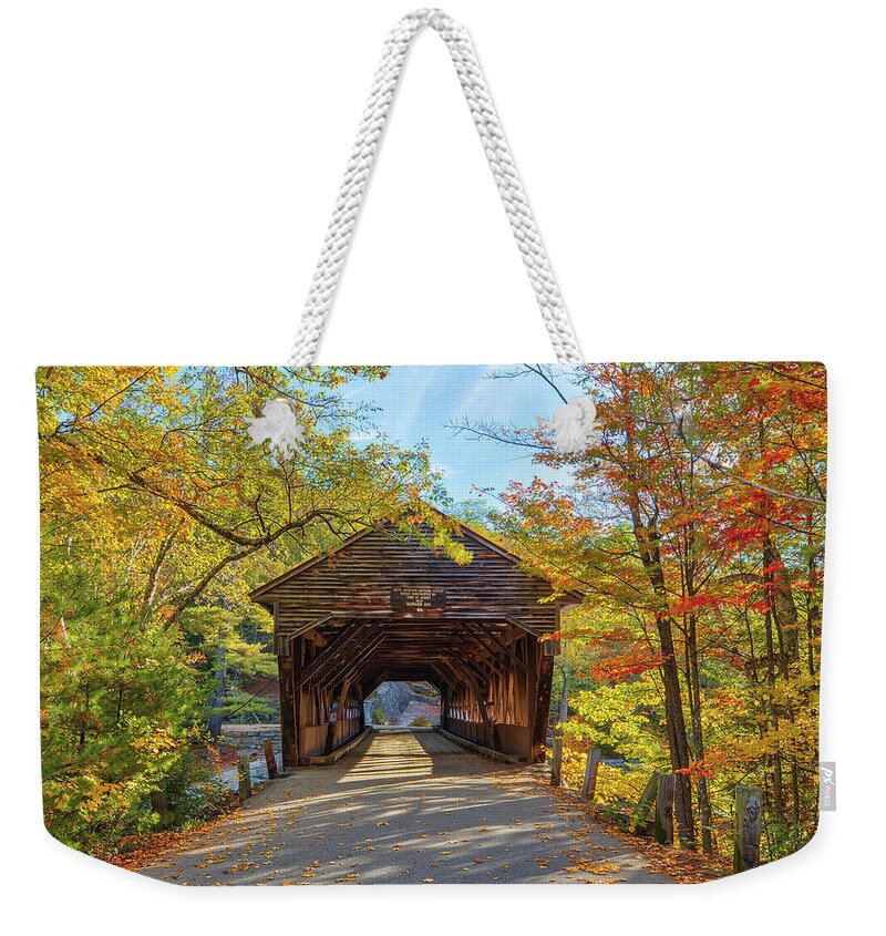 Albany Covered Bridge Weekender Tote Bag featuring the photograph New Hampshire Fall Foliage at the Albany Covered Bridge by Juergen Roth