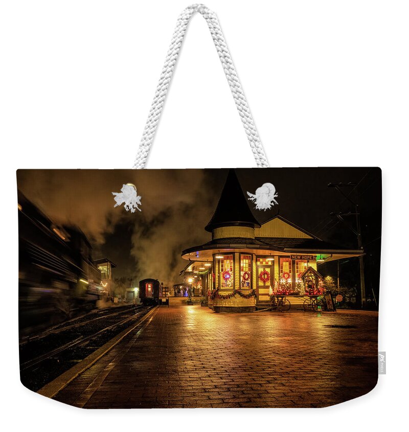 New Hope Weekender Tote Bag featuring the photograph New Hope Train Station On A Rainy Night by Kristia Adams