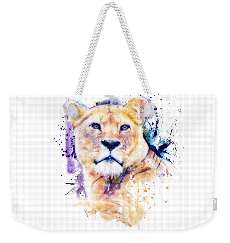 Marian Voicu Weekender Tote Bag featuring the painting New Lioness Portrait by Marian Voicu