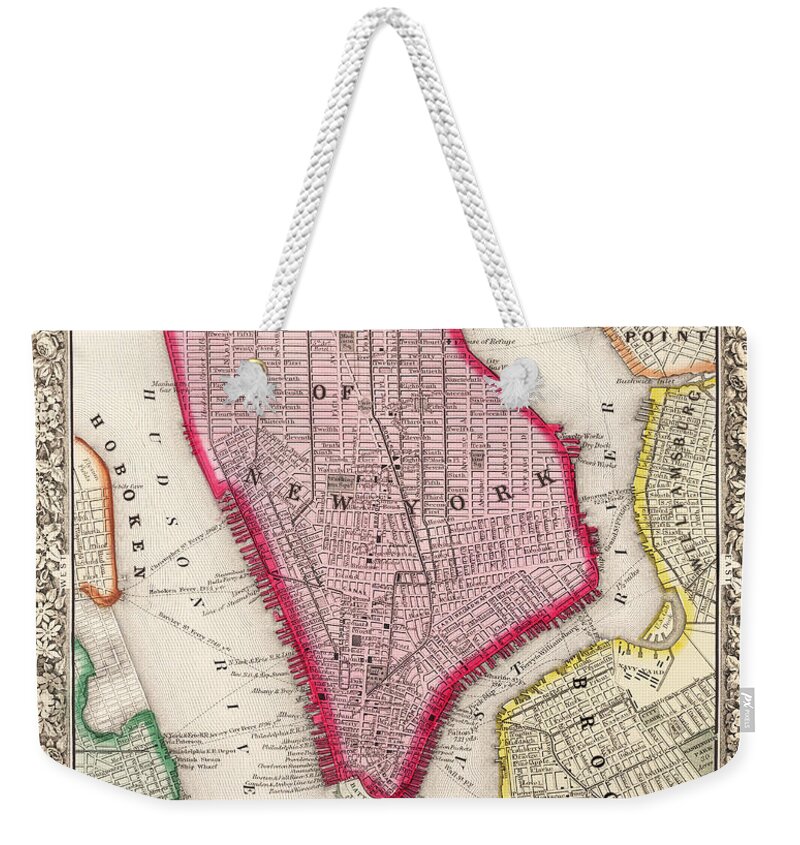 New York Weekender Tote Bag featuring the photograph New York City Map 1863 by Phil Cardamone