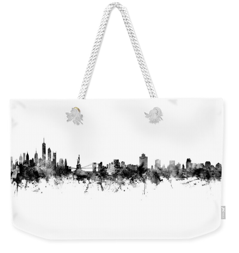 New York Weekender Tote Bag featuring the digital art New York City and Salt Lake City Skylines Mashup by Michael Tompsett