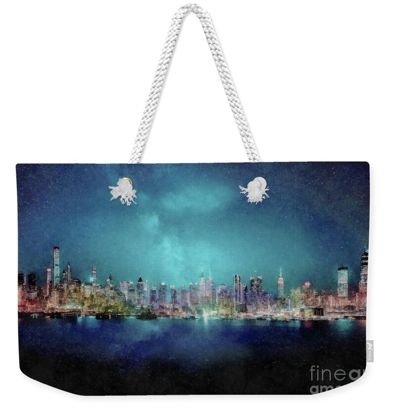 New York Weekender Tote Bag featuring the digital art New York Night Panorama by Jerzy Czyz