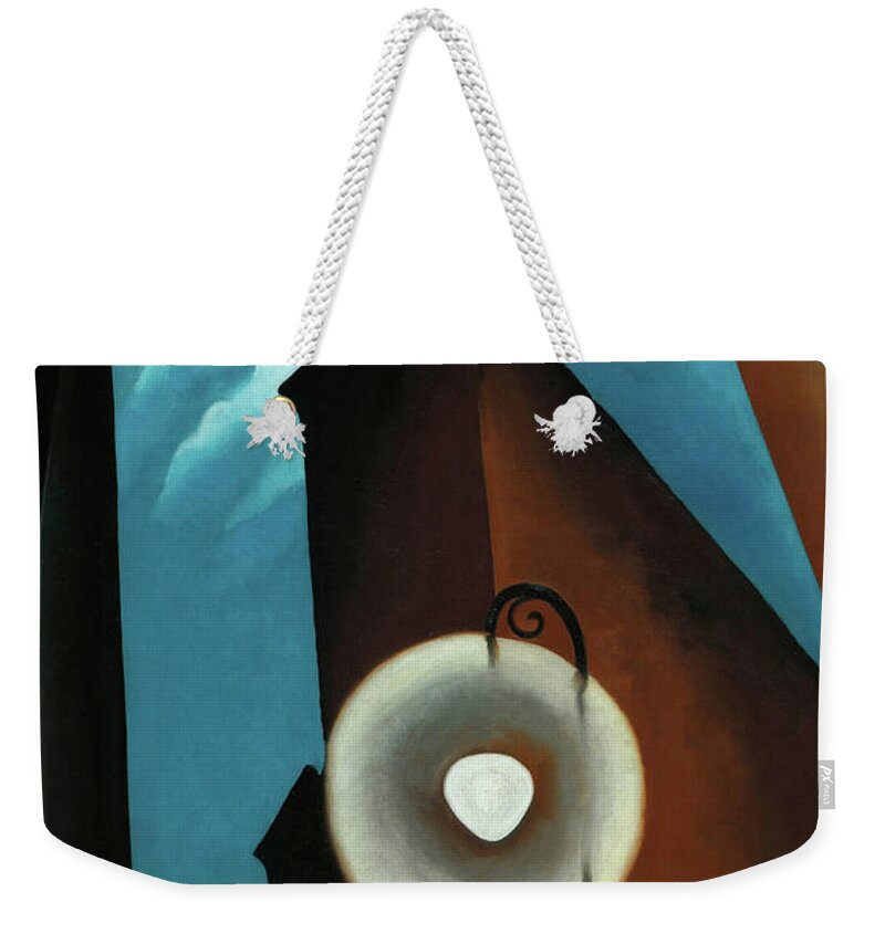 Georgia O'keeffe Weekender Tote Bag featuring the painting New York street with moon - abstract modernist cityscape painting by Georgia O'Keeffe