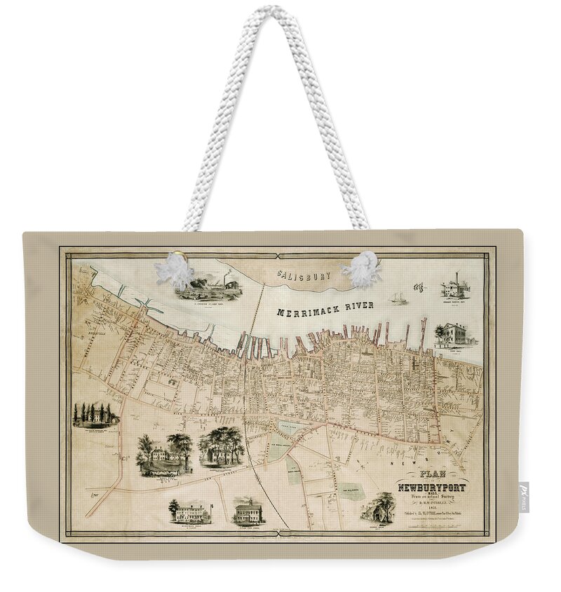 Newburyport Weekender Tote Bag featuring the photograph Newburyport Massachusetts Vintage Map 1851 by Carol Japp