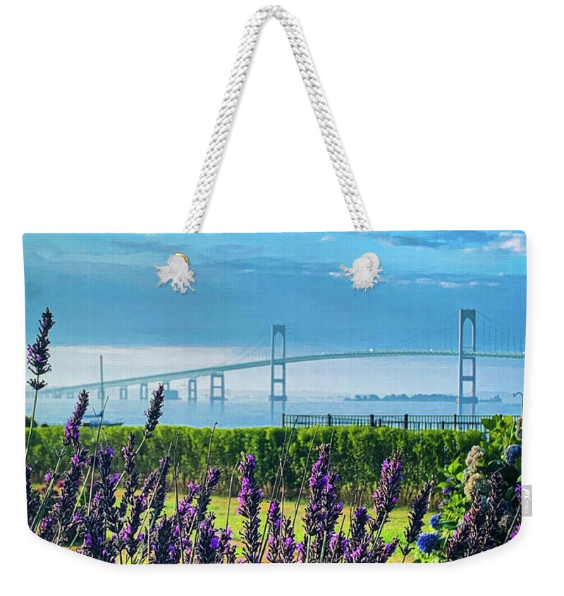 Jamestown Weekender Tote Bag featuring the photograph Newport Bridge through lavender by Jim Feldman