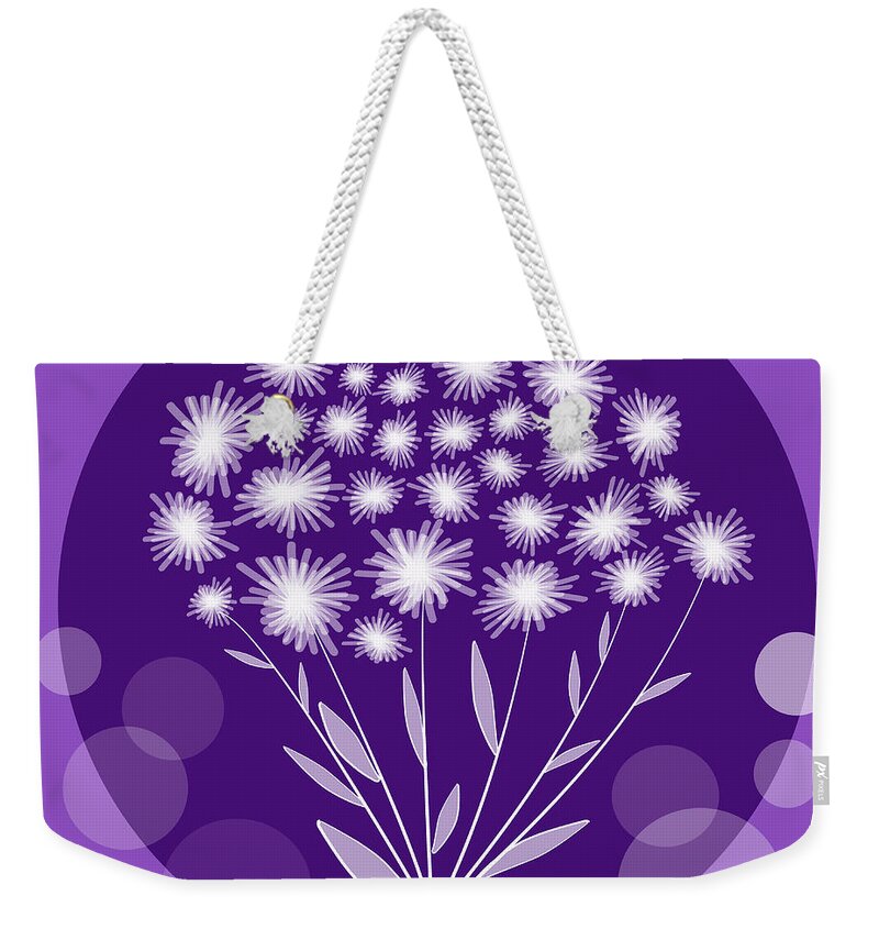 Nice flower bundle in circle composition on trendy violet background. Cute  bunch of white small flowers Weekender Tote Bag by Jana Prokopova - Pixels