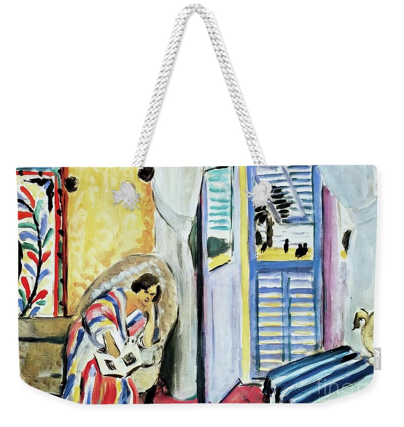 French Weekender Tote Bag featuring the painting Nice Interior Woman Seated With a Book by Henri Matisse 1920 by Henri Matisse