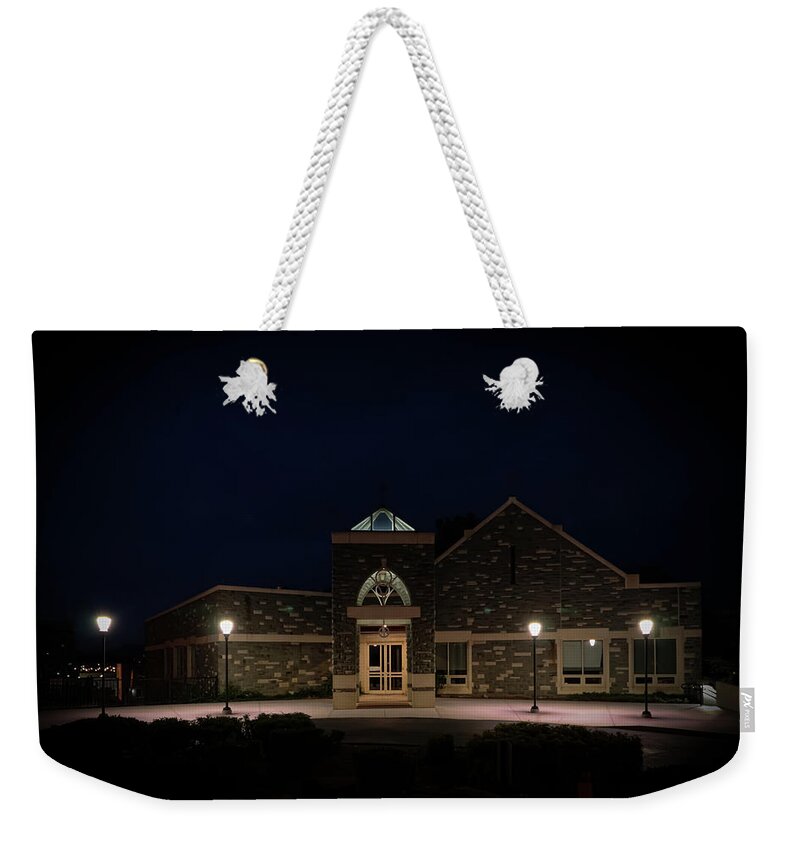 Church Weekender Tote Bag featuring the photograph Night at the Church by Deb Beausoleil
