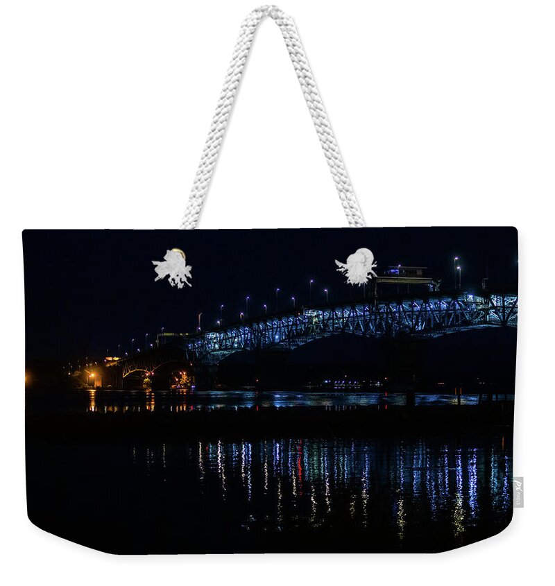 Yorktown Weekender Tote Bag featuring the photograph Night Bridge at Yorktown by Rachel Morrison