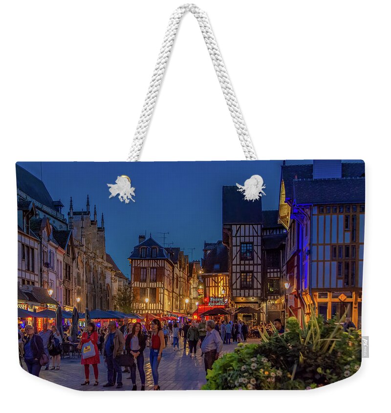 Crowds Weekender Tote Bag featuring the photograph Night Life in Troyes, France by Marcy Wielfaert