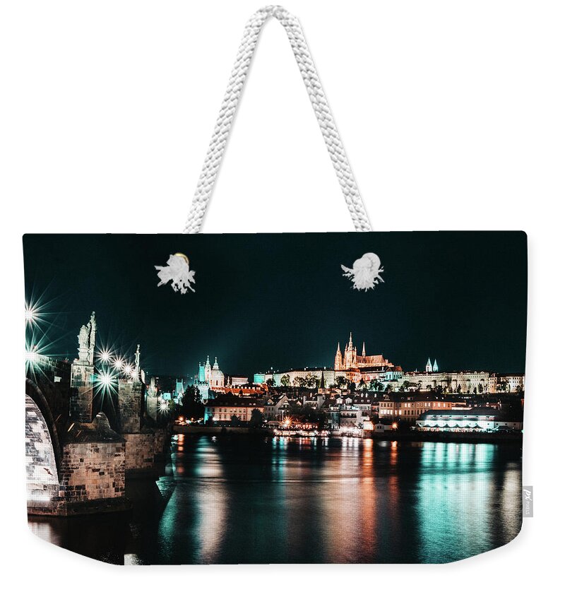 Lamps Weekender Tote Bag featuring the photograph Night long exposition of Charles Bridge in Prague by Vaclav Sonnek