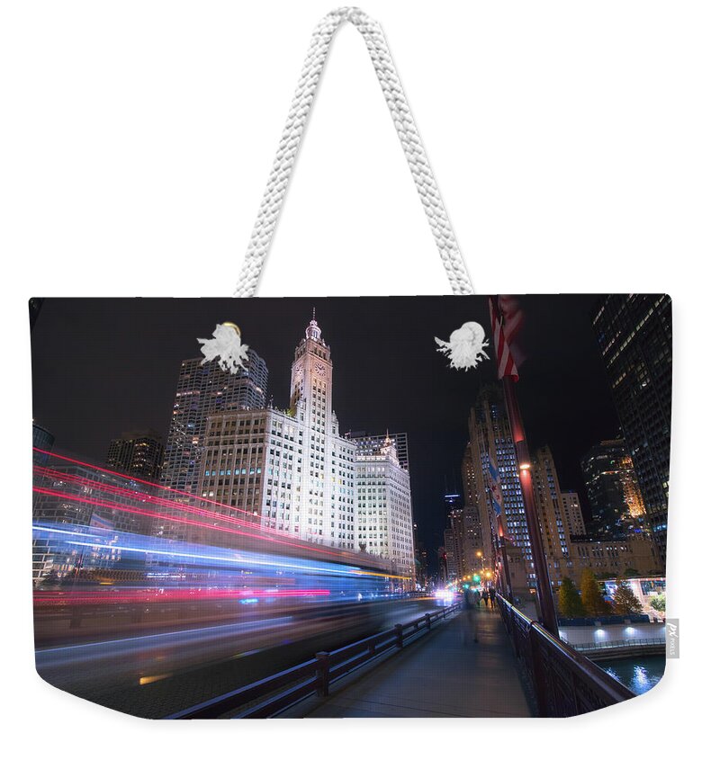 Chicago Weekender Tote Bag featuring the photograph Night on the DuSable Bridge by Jay Smith