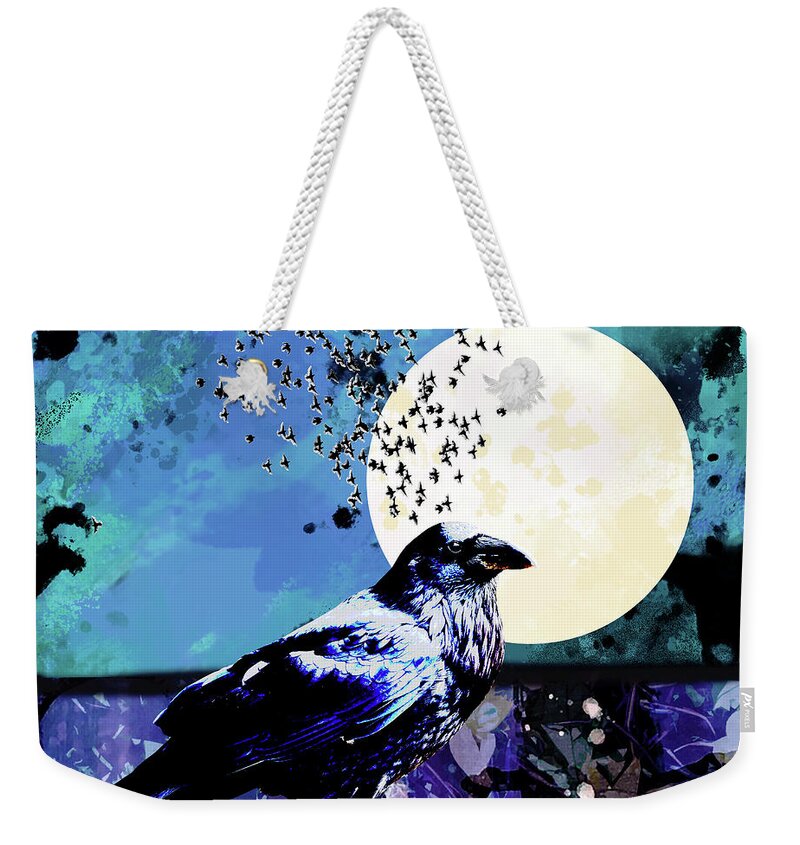 Dark Raven Weekender Tote Bag featuring the digital art Night Raven by Nancy Merkle