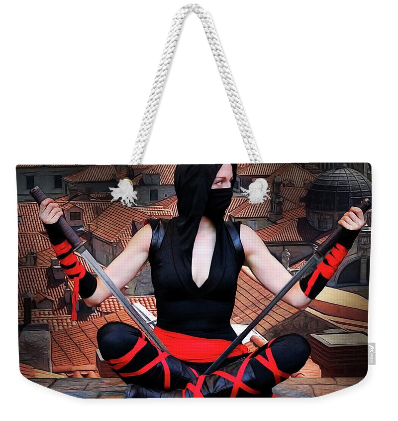 Ninja Weekender Tote Bag featuring the photograph Ninja with swords by Jon Volden
