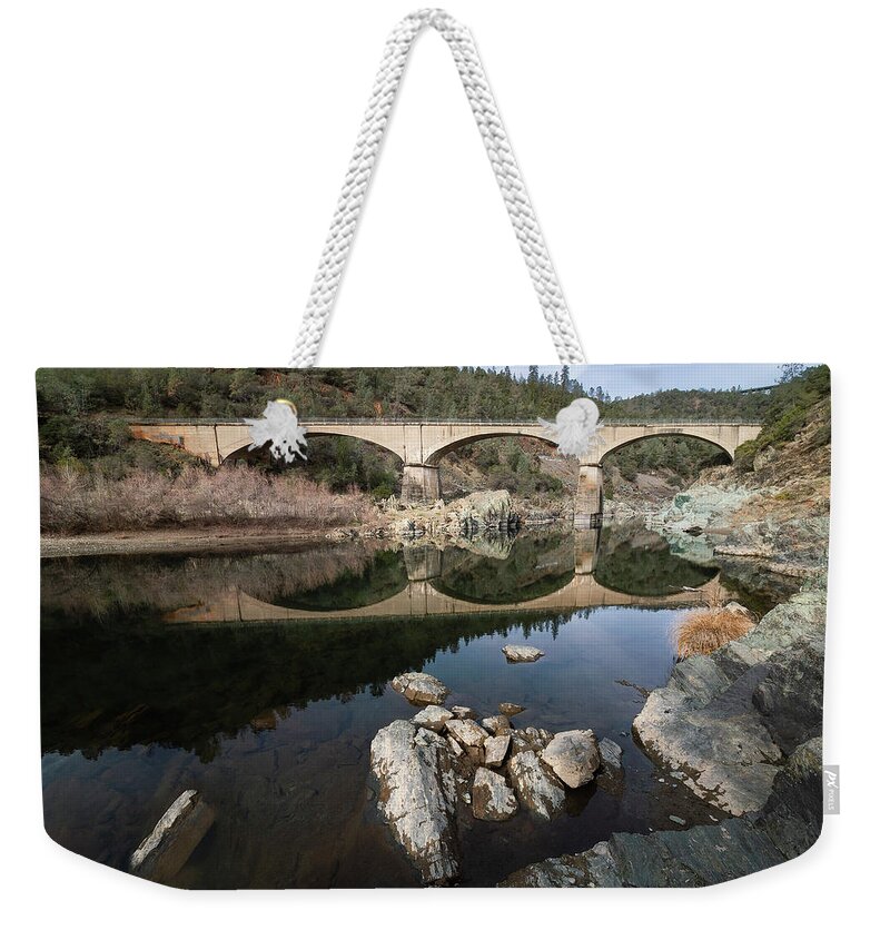 American River Weekender Tote Bag featuring the photograph No Hands Bridge Reflections by Gary Geddes